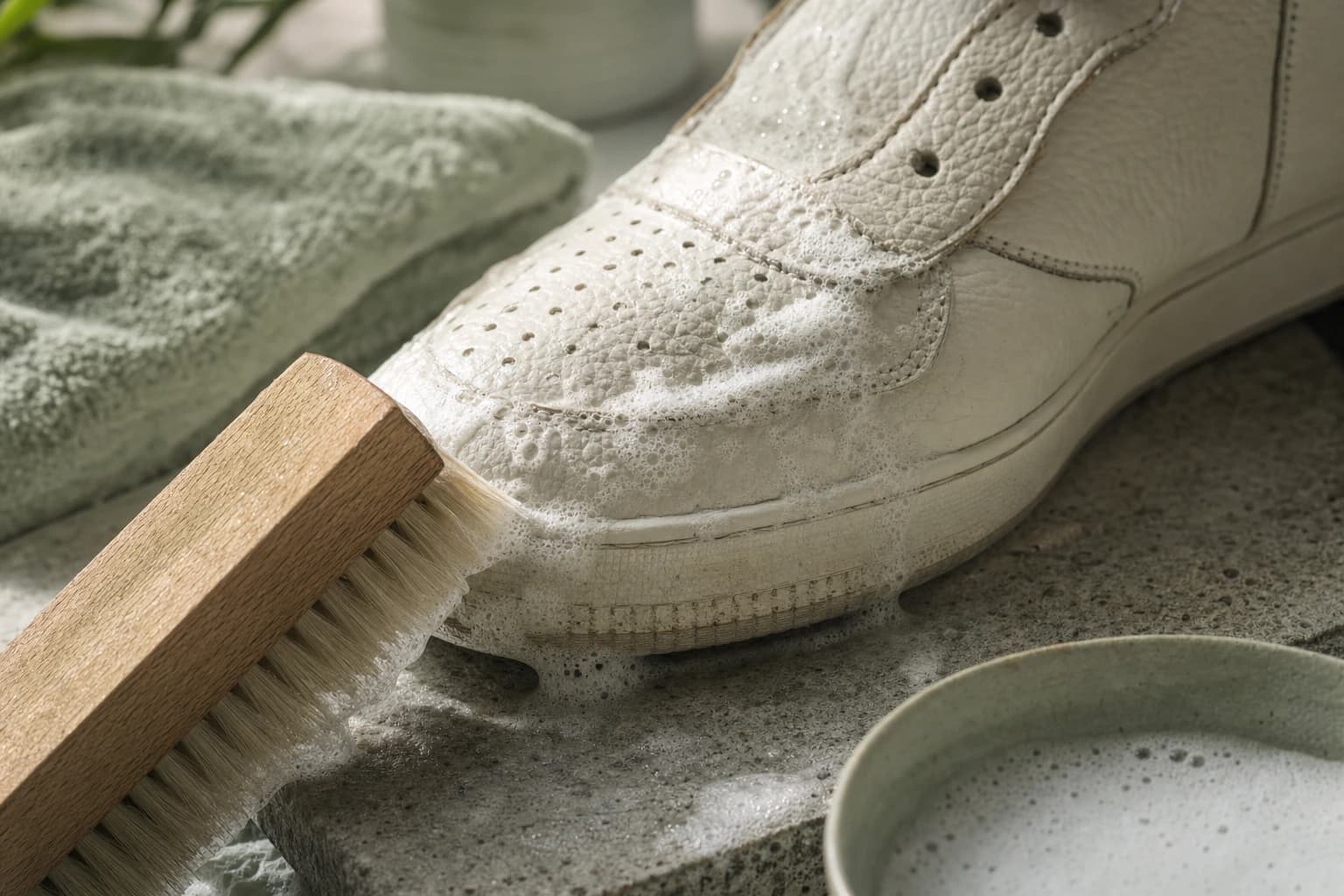 Close view of foam and a soft brush cleaning sneaker leather