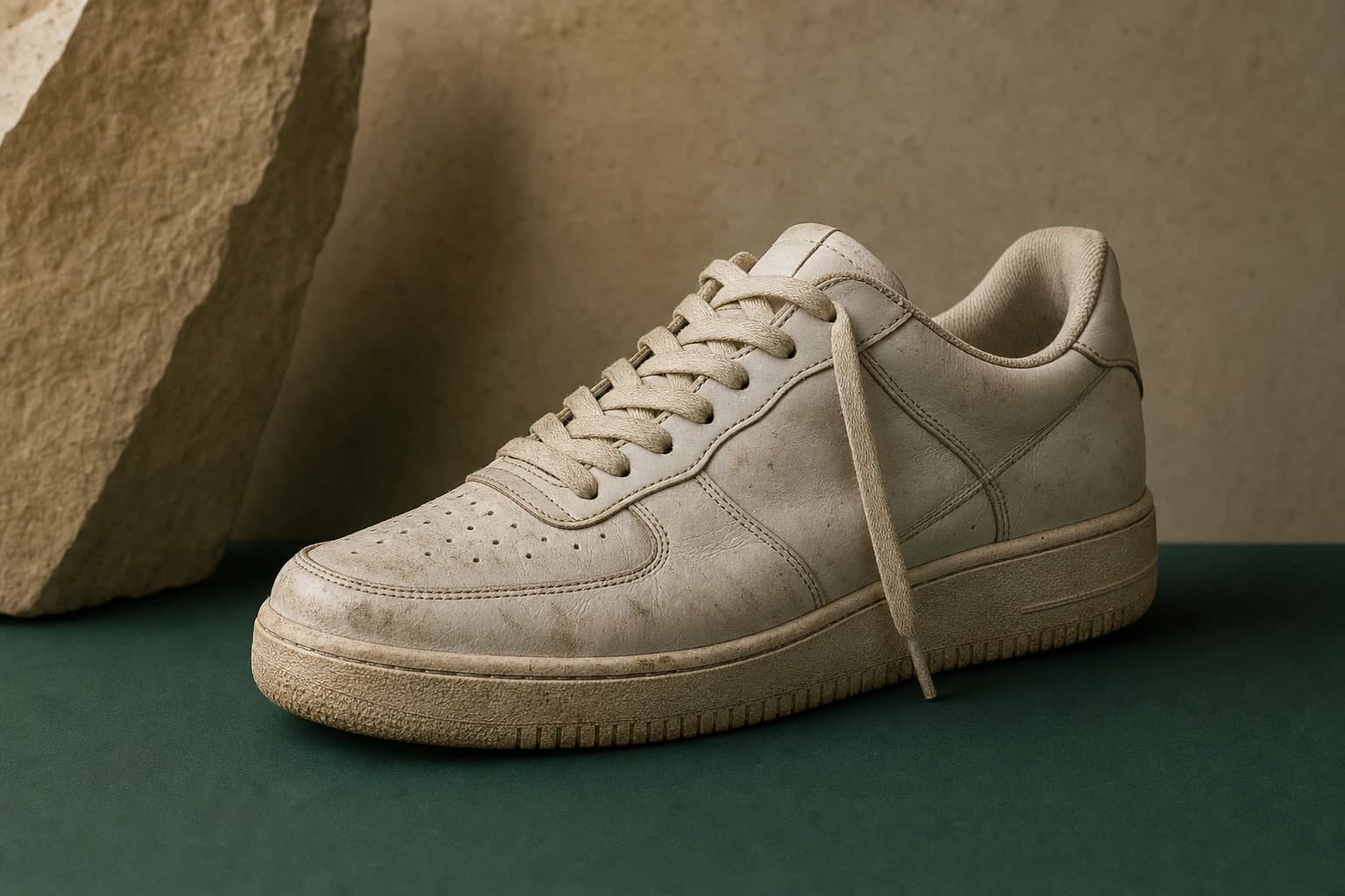 A worn off-white sneaker resting on a stone studio surface