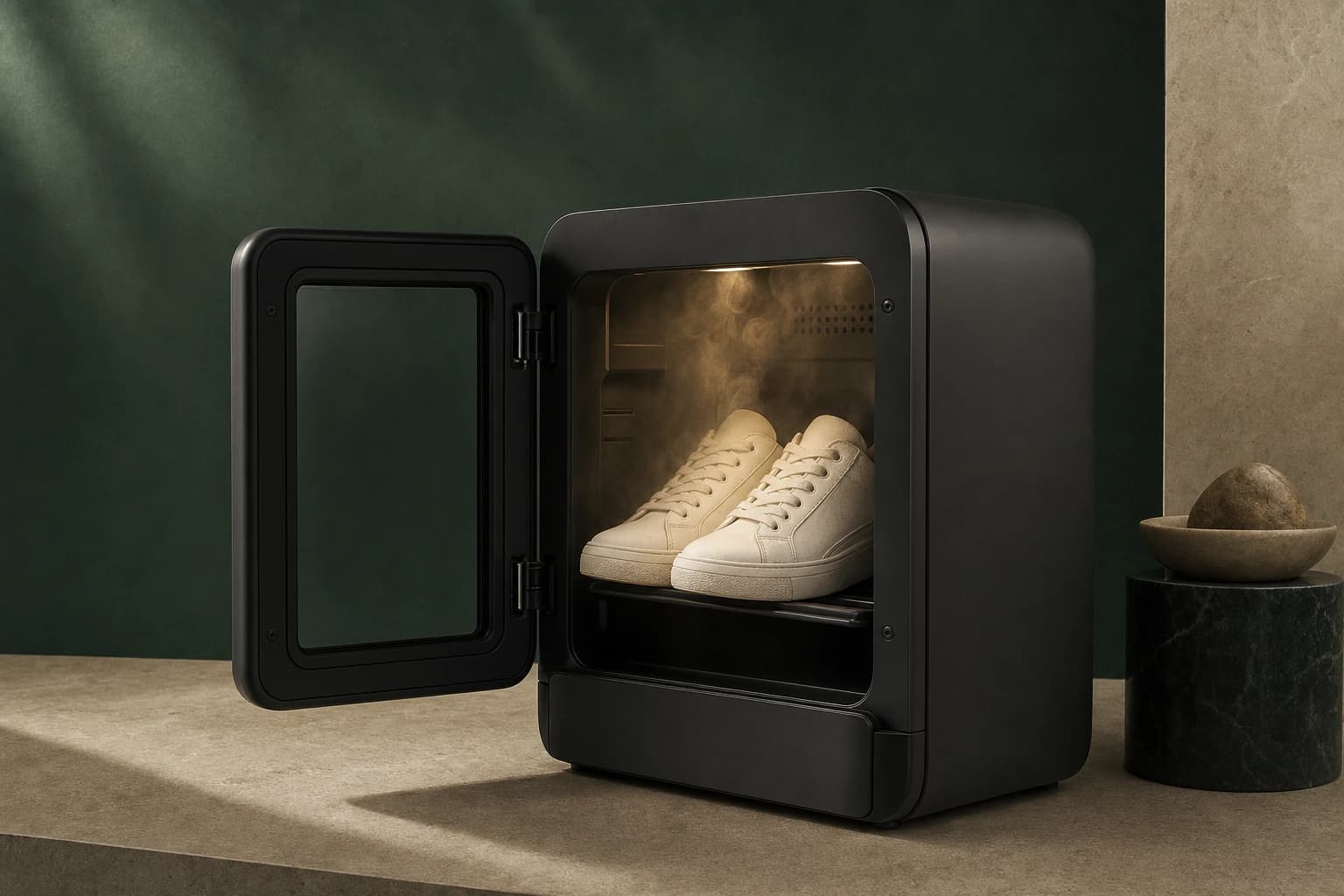 A matte-black shoe steamer with a pair of sneakers inside
